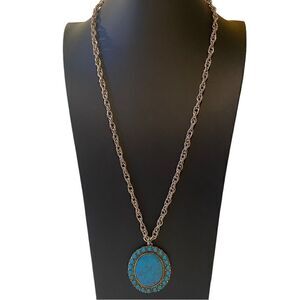 Large Faux Turquoise Oval Pendant on Long Thick Silver Rope Chain.